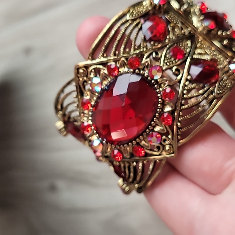 Victorian Revival Gold Tone Cuff Bracelet | Red Rhinestone Statement | Filigree - Picture 7 of 7